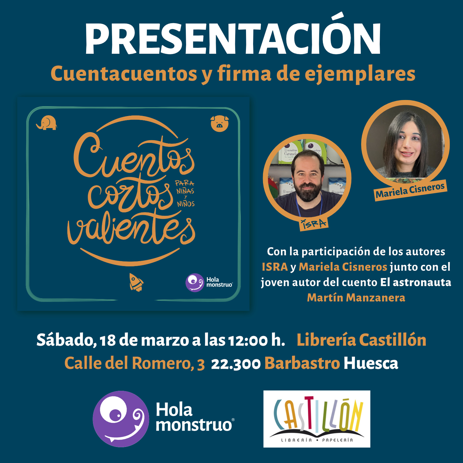 Cuentacuentos y presentación de Cuentos cortos para niñas y niños valientes en Librería Castillón, Barbastro (Huesca)