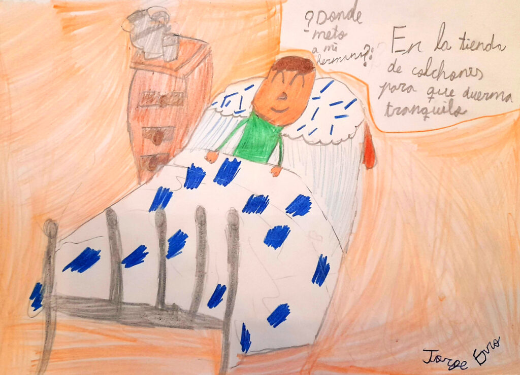 Dibujo de Jorge Erro con un niño durmiendo tranquilamente en una cama.